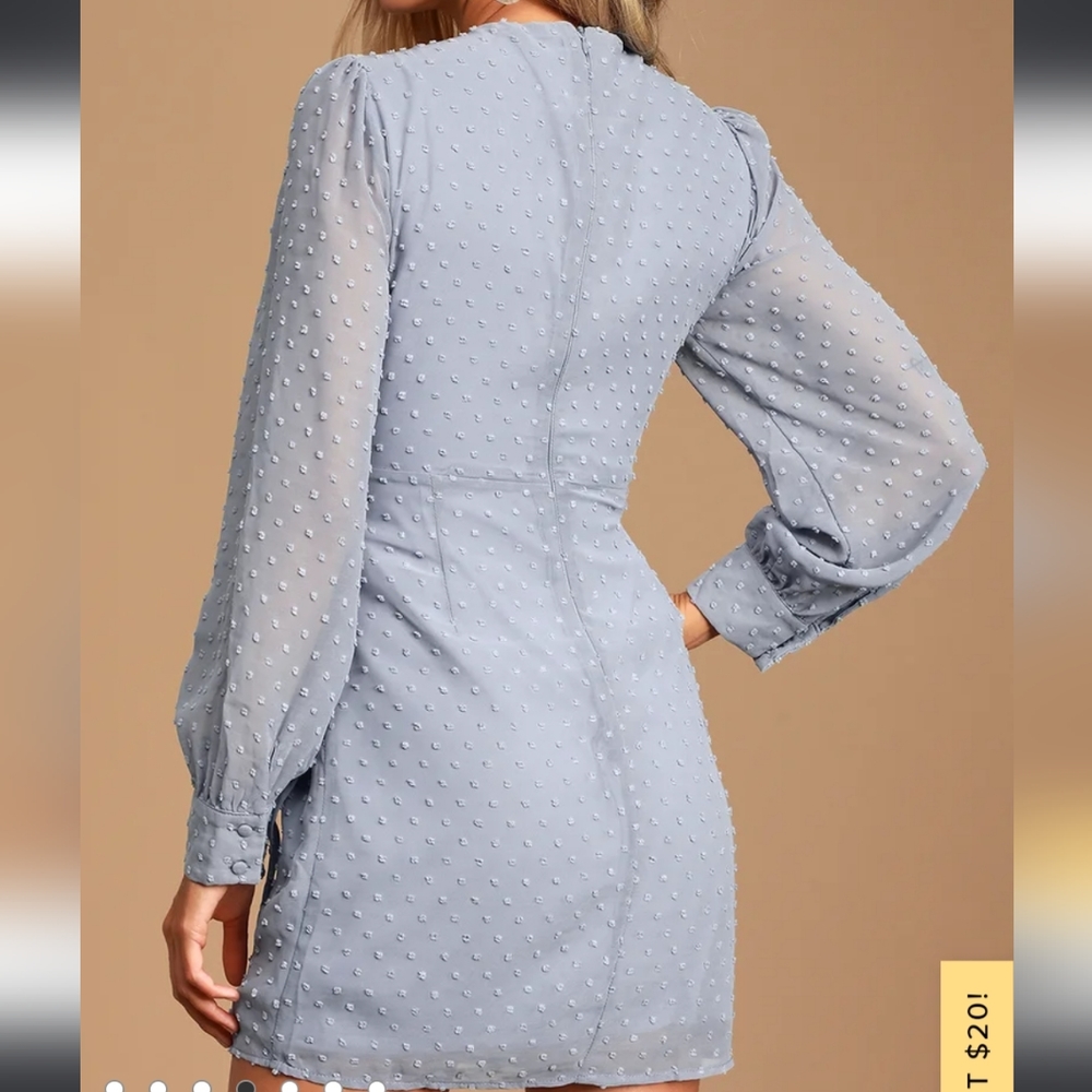 Lulu's Much Love Light Blue Swiss Dot Long Sleeve Tie-Front Mini Dress - Picture 3 of 8